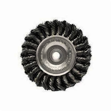 Weiler 08044 Wheel Brush, 4 in Dia Brush, 1/2 in W Face, 0.014 in Dia Standard/Twist Knot Filament/Wire, 1/2 to 3/8 in Arbor Hole