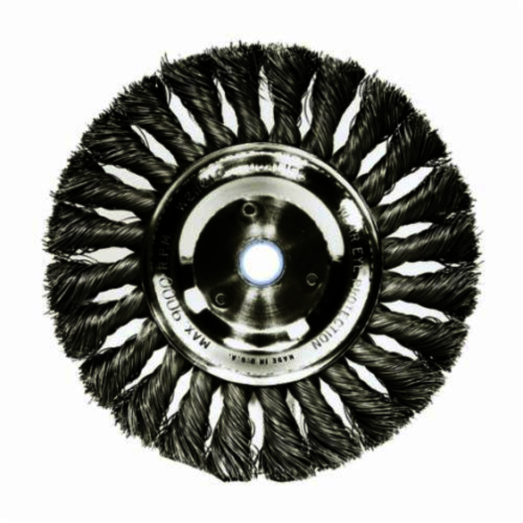 Weiler 08045 Wheel Brush, 4 in Dia Brush, 1/2 in W Face, 0.014 in Dia Standard/Twist Knot Filament/Wire, 1/2 to 5/8 in Arbor Hole