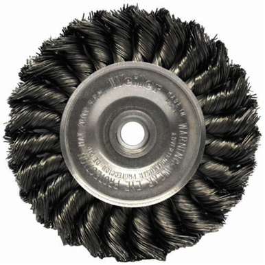 Weiler 08064 Wheel Brush, 4 in Dia Brush, 1/2 in W Face, 0.02 in Dia Standard/Twist Knot Filament/Wire, 1/2 to 3/8 in Arbor Hole