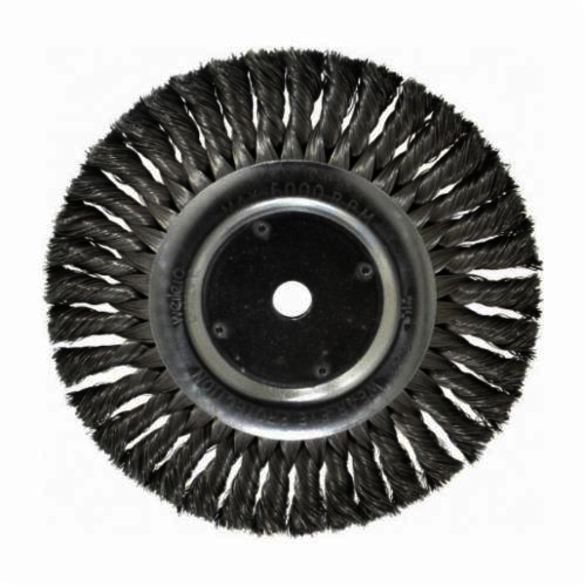 Weiler 08135 Wheel Brush, 8 in Dia Brush, 5/8 in W Face, 0.014 in Dia Standard/Twist Knot Filament/Wire, 5/8 in Arbor Hole