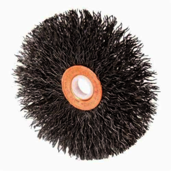 Weiler 08264V Vending Ready Wheel Brush, 3 in Dia Brush, 3/8 in W Face, 0.014 in Dia Standard/Twist Knot Filament/Wire, 1/2 to 3/8 in Arbor Hole