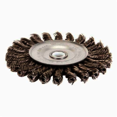 Weiler 08534V Vending Ready Wheel Brush, 4 in Dia Brush, 1/4 in W Face, 0.02 in Dia Cable Twist Knot Filament/Wire, 1/2 to 3/8 in Arbor Hole
