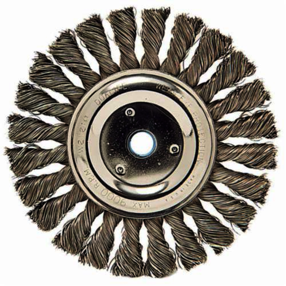 Weiler 08695 Wheel Brush, 6 in Dia Brush, 3/8 in W Face, 0.023 in Dia Cable Twist Knot Filament/Wire, 1/2 to 5/8 in Arbor Hole