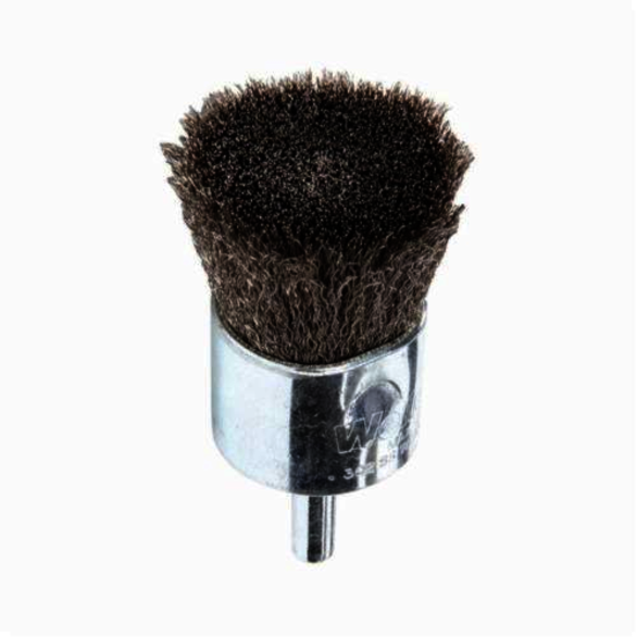 Weiler 10021V Vending Ready End Brush, 1 in Dia Brush, Crimped, 0.006 in Dia Filament/Wire, Stainless Steel Fill