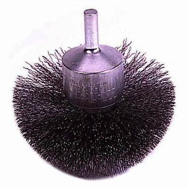 Weiler 10048 Circular Flared Stem Mount End Brush, 2-3/4 in, Crimped, 0.008 in, Stainless Steel Fill, 1-1/4 in L Trim