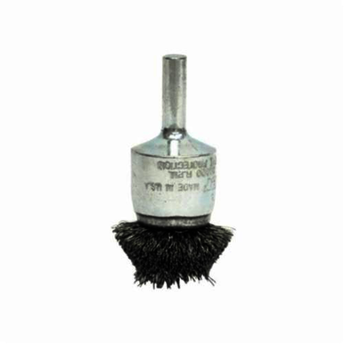 Weiler 10076 Circular Flared Stem Mount End Brush, 1-1/4 in, Crimped, 0.006 in, Steel Fill, 5/8 in L Trim