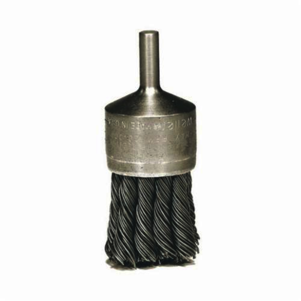 Weiler 10142 Stem Mount End Brush, 1-1/8 in, Knot, 0.006 in, Stainless Steel Fill, 1 in L Trim