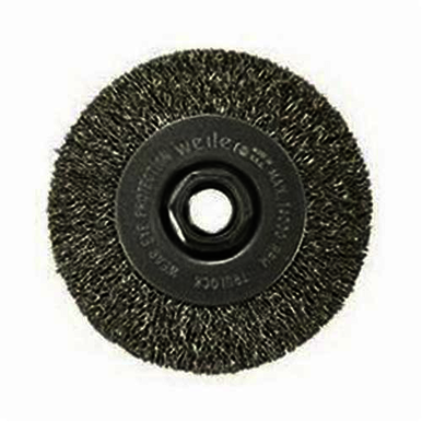 Weiler 13081 Narrow Face Wheel Brush With Nut, 4 in Dia Brush, 1/2 in W Face, 0.014 in Dia Crimped Filament/Wire, 5/8-11 Arbor Hole