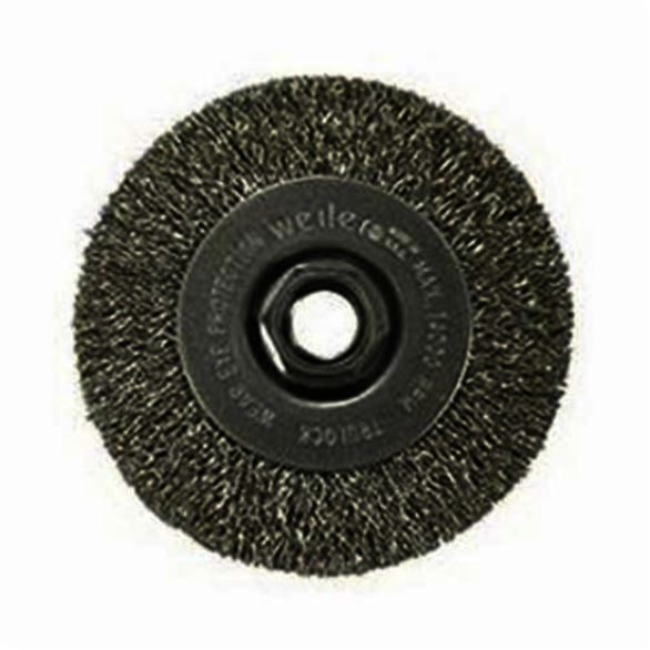 Weiler 13081 Narrow Face Wheel Brush With Nut, 4 in Dia Brush, 1/2 in W Face, 0.014 in Dia Crimped Filament/Wire, 5/8-11 Arbor Hole