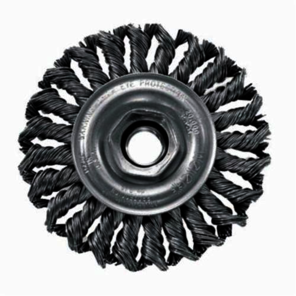 Weiler 13106V Vending Ready Wheel Brush With Nut, 4 in Dia Brush, 1/2 in W Face, 0.014 in Dia Standard/Twist Knot Filament/Wire, 5/8-11 Arbor Hole