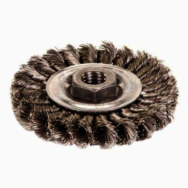 Weiler 13113V Vending Ready Wheel Brush With Nut, 4 in Dia Brush, 1/2 in W Face, 0.014 in Dia Standard/Twist Knot Filament/Wire, 5/8-11 Arbor Hole