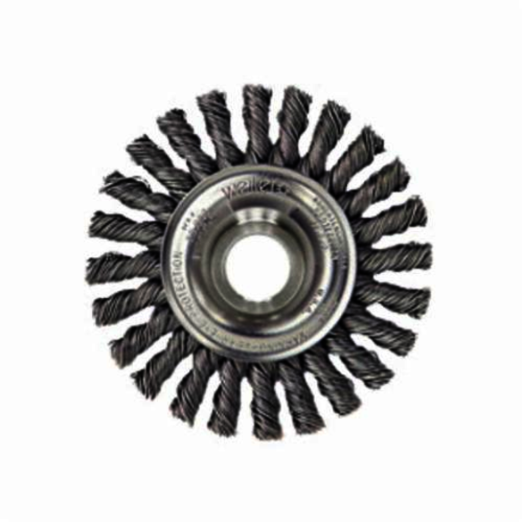 Weiler 13266P Wheel Brush With Nut, 4 in Dia Brush, 1/4 in W Face, 0.02 in Dia Cable Twist Knot Filament/Wire, 5/8-11 Arbor Hole