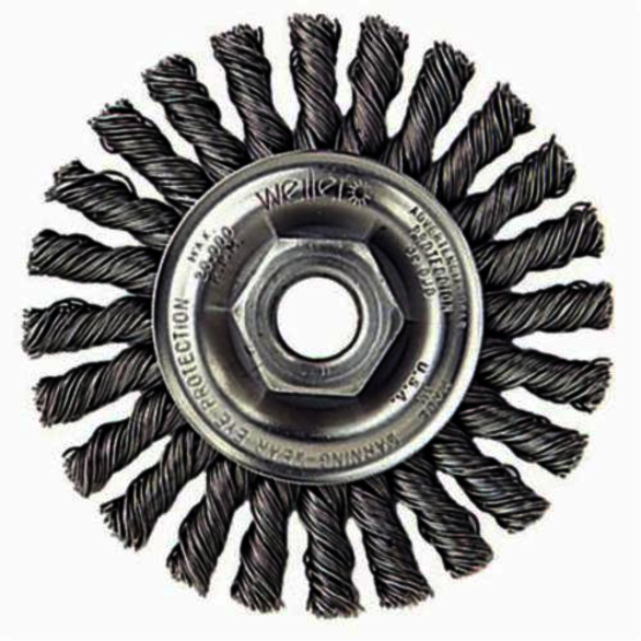 Weiler 13266V Vending Ready Wheel Brush With Nut, 4 in Dia Brush, 1/4 in W Face, 0.02 in Dia Cable Twist Knot Filament/Wire, 5/8-11 Arbor Hole