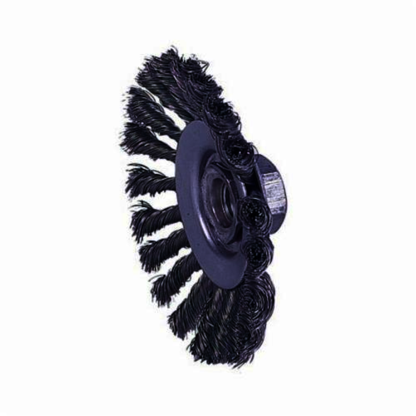 Weiler 13486 Bevel Wheel Brush With Nut, 4-1/2 in Dia Brush, 3/8 in W Face, 0.02 in Dia Standard/Twist Knot Filament/Wire, 5/8-11 Arbor Hole