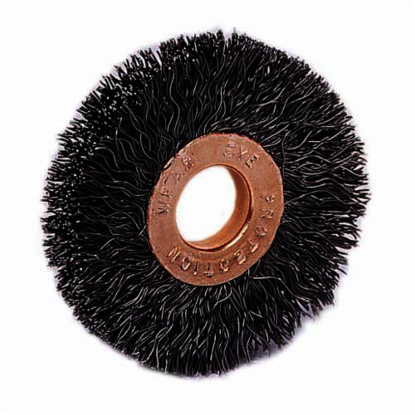 Weiler 16853 Small Diameter Wheel Brush, 2 in Dia Brush, 3/8 in W Face, 0.0104 in Dia Crimped Filament/Wire, 1/2 in Arbor Hole