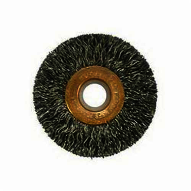 Weiler 15473 Small Diameter Wheel Brush, 2 in Dia Brush, 3/8 in W Face, 0.014 in Dia Crimped Filament/Wire, 1/2 to 3/8 in Arbor Hole