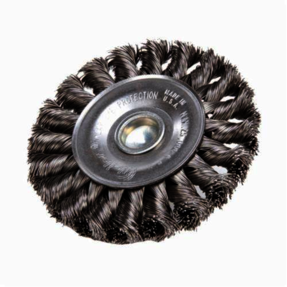 Weiler 17681V Vending Ready Wheel Brush, 3-1/4 in Dia Brush, 3/8 in W Face, 0.014 in Dia Standard/Twist Knot Filament/Wire