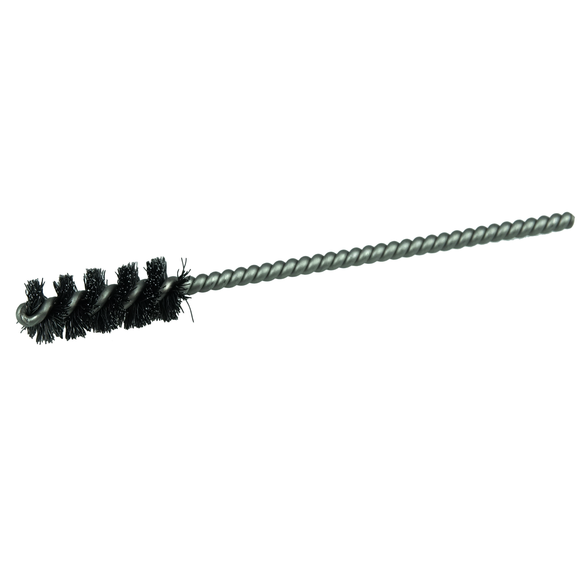 Weiler 21073V Round Power Tube Brush, 3/8 in Dia x 1 in L, 3-1/2 in OAL, 0.004 in Dia Filament/Wire, Steel Fill