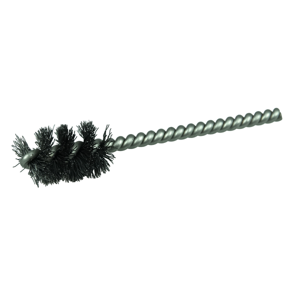 Weiler 21075V Round Power Tube Brush, 5/8 in Dia x 1 in L, 3-1/2 in OAL, 0.005 in Dia Filament/Wire, Steel Fill