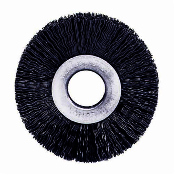 Weiler 29070 Small Diameter Wheel Brush, 3 in Dia Brush, 3/8 in W Face, 0.01 in Dia Crimped Filament/Wire, 1/2 in Arbor Hole