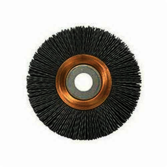 Nylox 31255 Heavy Duty Narrow Face Wheel Brush, 4 in Dia Brush, 5/8 in W Face, 0.022 in Dia Crimped/Round Filament/Wire, 1/2 to 5/8 in Arbor Hole