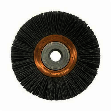 Nylox 31275 Heavy Duty Narrow Face Wheel Brush, 4 in Dia Brush, 5/8 in W Face, 0.04 in Dia Crimped/Round Filament/Wire, 1/2 to 5/8 in Arbor Hole