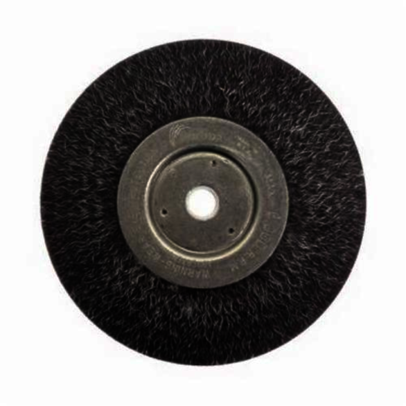 Polyflex 35117 Encapsulated Narrow Face Wheel Brush, 6 in Dia Brush, 1/2 in W Face, 0.014 in Dia Crimped Filament/Wire, 1/2 to 5/8 in Arbor Hole