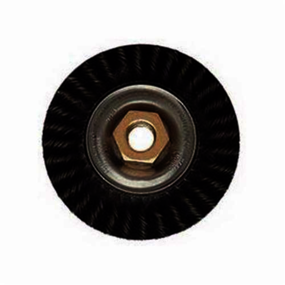 Polyflex 35800 Encapsulated Wheel Brush With Nut, 4 in Dia Brush, 3/16 in W Face, 0.02 in Dia Stringer Bead Knot Filament/Wire, 5/8-11 Arbor Hole