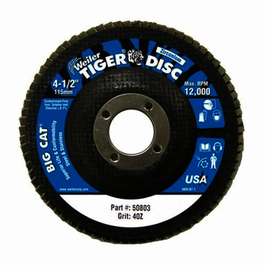 Big Cat 50803 Close High Density Premium Coated Abrasive Flap Disc, 4-1/2 in Dia, 7/8 in Center Hole, 40 Grit, Coarse Grade, Zirconia Alumina Abrasive, Type 27/Flat Disc