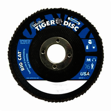 Big Cat 50806 Close High Density Premium Coated Abrasive Flap Disc, 4-1/2 in Dia, 7/8 in Center Hole, 120 Grit, Fine Grade, Zirconia Alumina Abrasive, Type 27/Flat Disc