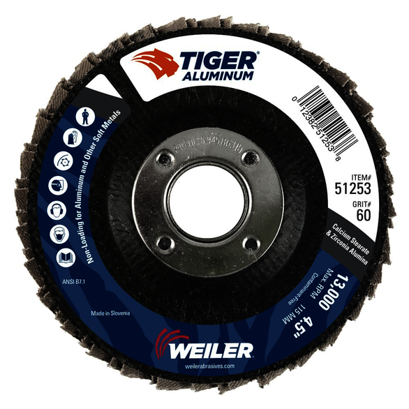 WEILER 51253, 4-1/2 x 7/8 in, Zirconia Alumina, High Performance, Flap Disc