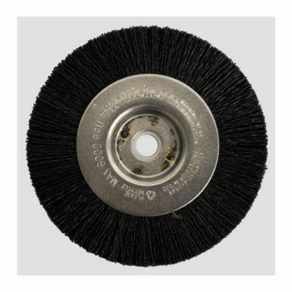 Nylox Burr-Rx 86165 Narrow Face Wheel Brush, 4 in Dia Brush, 1/2 in W Face, 0.026 in Dia Crimped/Round Filament/Wire, 1/2 to 3/8 in Arbor Hole
