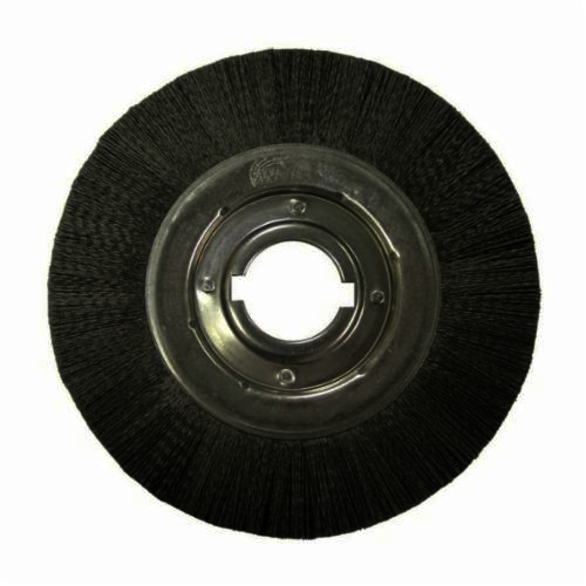 Nylox Burr-Rx 86182 Composite Wheel Brush, 10 in Dia Brush, 1-1/8 in W Face, 0.035 in Dia Crimped/Round Filament/Wire, 2 in Arbor Hole