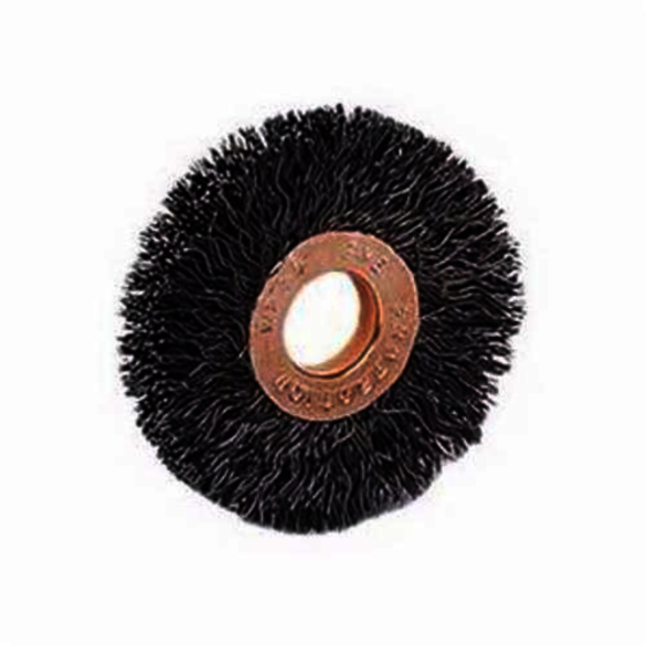 Weiler 99307 Small Diameter Wheel Brush, 2 in Dia Brush, 3/8 in W Face, 0.003 in Dia Crimped Filament/Wire, 1/4 in Arbor Hole