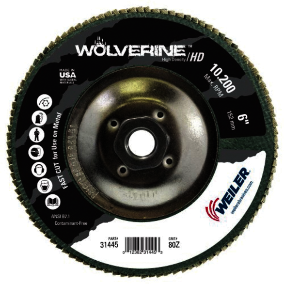 Wolverine 31445 Value High Density Abrasive Flap Disc, 6 in Dia Disc, 80 Grit, Medium Coarse Grade, Zirconia Alumina Abrasive, Type 27/Flat Disc