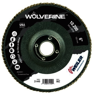 Wolverine 31449 Value Abrasive Flap Disc, 6 in Dia Disc, 7/8 in Center Hole, 80 Grit, Medium Coarse Grade, Zirconia Alumina Abrasive, Type 29/Angled Disc