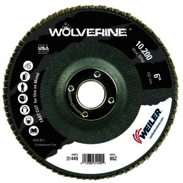 Wolverine 31449 Value Abrasive Flap Disc, 6 in Dia Disc, 7/8 in Center Hole, 80 Grit, Medium Coarse Grade, Zirconia Alumina Abrasive, Type 29/Angled Disc