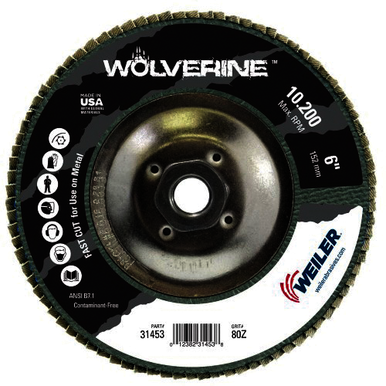 Wolverine 31453 Value Abrasive Flap Disc, 6 in Dia Disc, 80 Grit, Medium Coarse Grade, Zirconia Alumina Abrasive, Type 29/Angled Disc