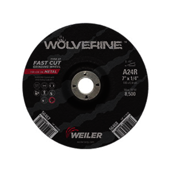 Wolverine 56467 Type 27 Cut-Off Wheel, 7 in Dia x 1/4 in THK, 7/8 in Center Hole, 24 Grit, Aluminum Oxide Abrasive