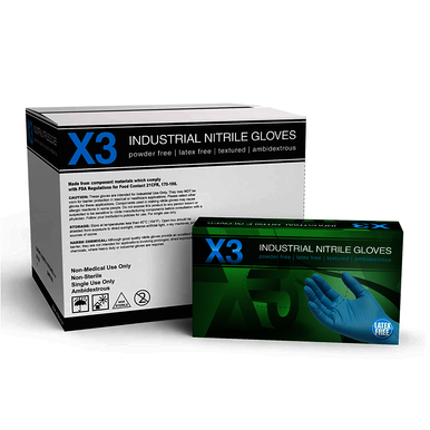 AMMEX X3 Industrial Blue Nitrile Gloves, Case of 1000, 3 mil, Size Medium, Latex Free, Powder Free, Textured, Disposable, Non-Sterile, X344100