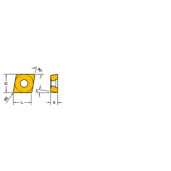 YG-1 22000151 Imperial Turning Insert With Screw Hole, ANSI Code: CCMT3252UG YG3020, CCMT Insert, 32.52 Insert, Rhombic Shape, Positive Rake, For Use On Steel, Carbide, Manufacturer's Grade: YG3020