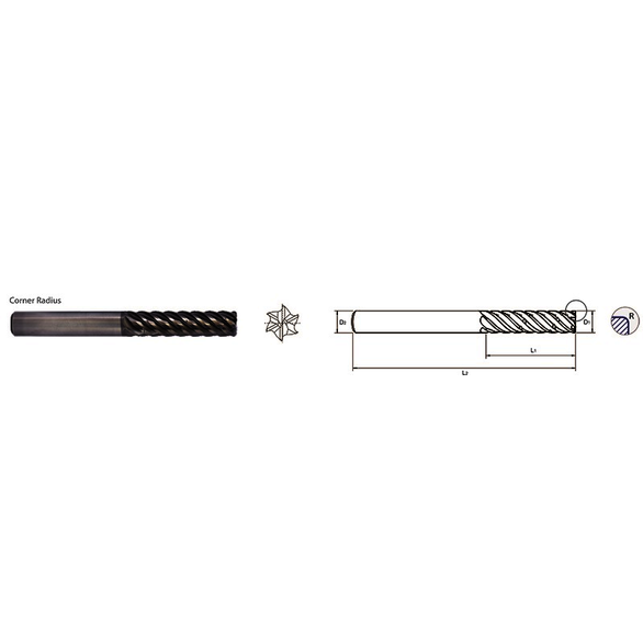 YG-1 Cutting Tools GMH72924 3/4 in Dia, 6 Flute, Solid Carbide, Corner Radius & Corner Chamfer End Mill