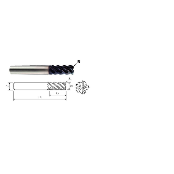 YG-1 TitaNox Power UGMG34929 Center Cut Imperial Variable Helix Corner Radius End Mill, 5/8 in Dia Cutter, 0.09 in Corner Radius, 1-1/4 in Length of Cut, 5 Flutes, 5/8 in Dia Shank, 3-1/2 in OAL, Y-Coated